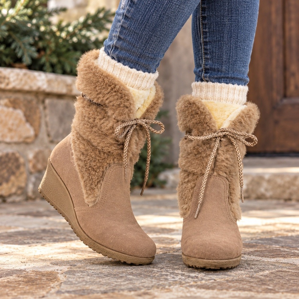 VTG Snowland Womens Boots Size 7 Tan Faux Fur Trim Wedge Winter Snow Lace Up
